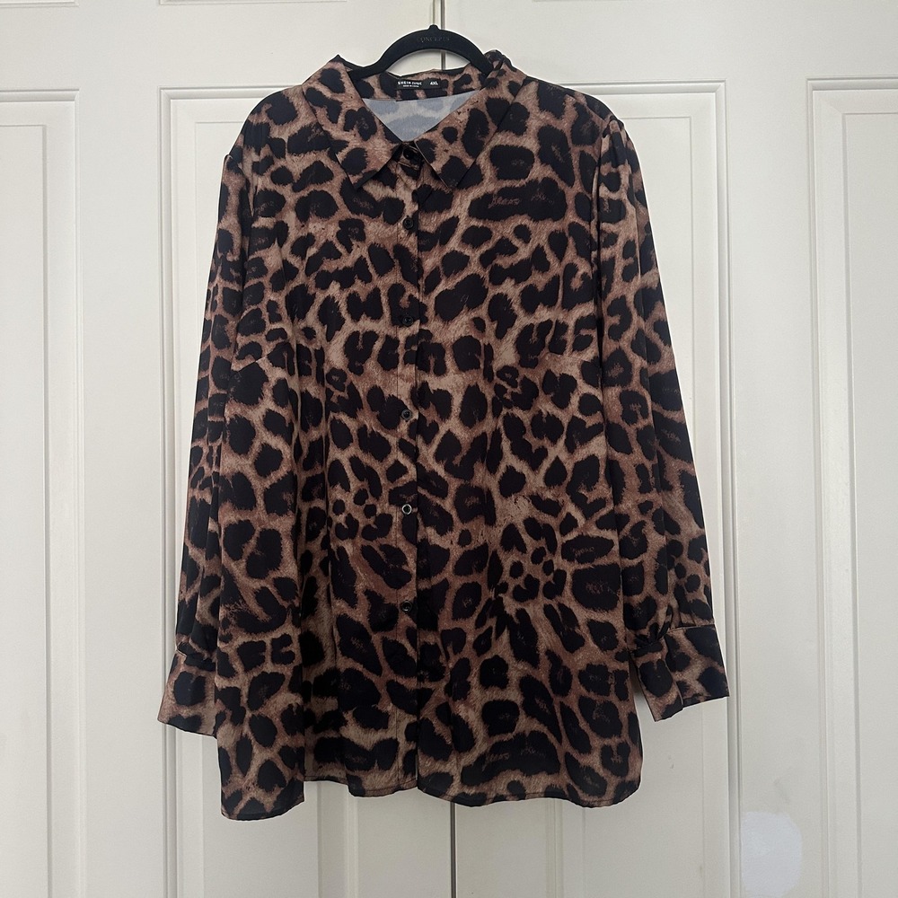 SHEIN Curve Shirt Womens 4XL Brown Leopard Print Button Front Long‎ Sleeve Tunic